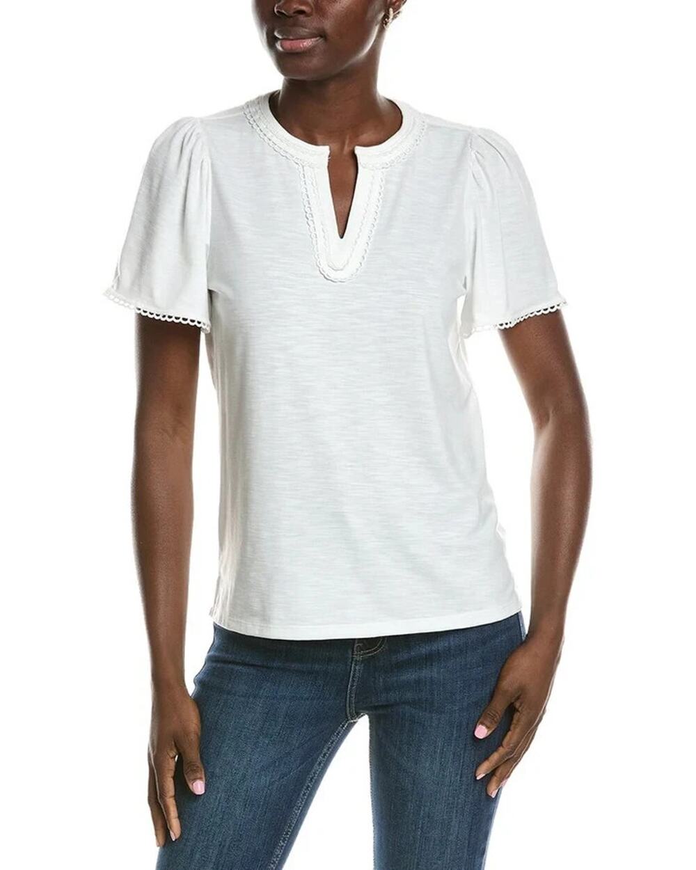 Jones New York Drapey Slub Split Neck Top White Size L 3878
